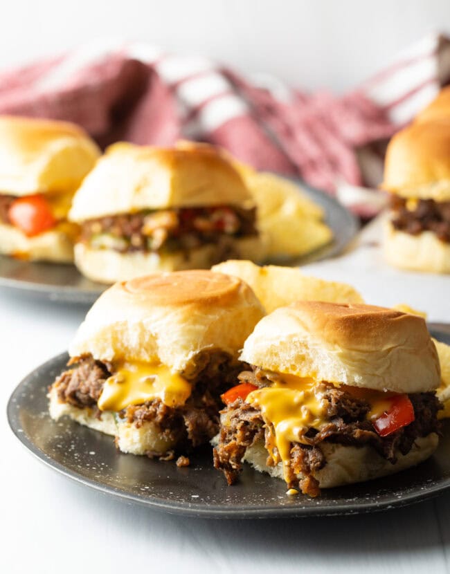 Plate of two philly cheesesteak sliders - Shaved Beef Steak Recipe