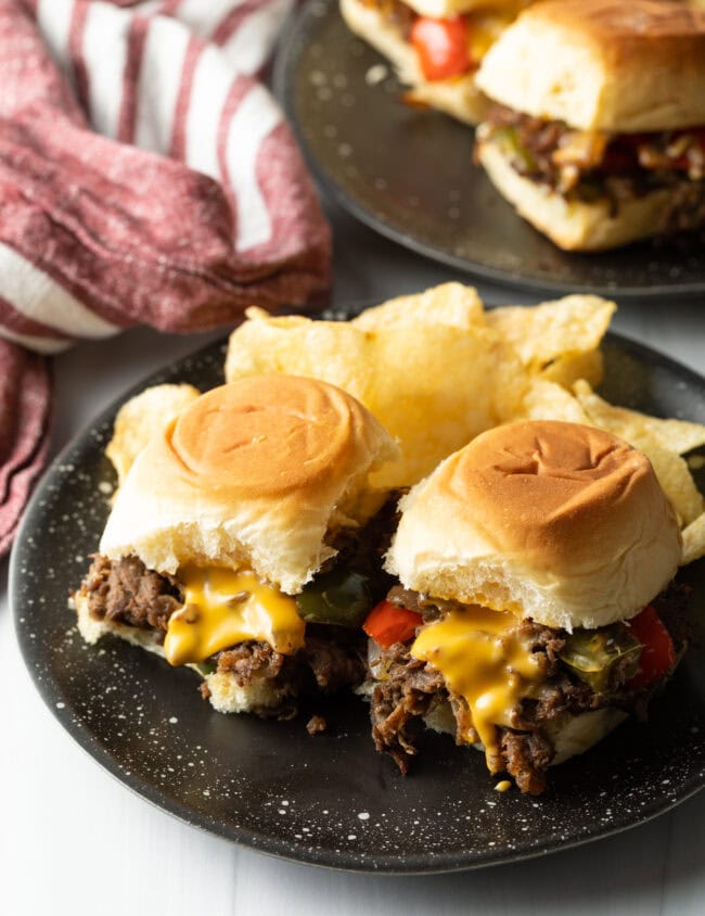 Top view plate of philly beef sliders.