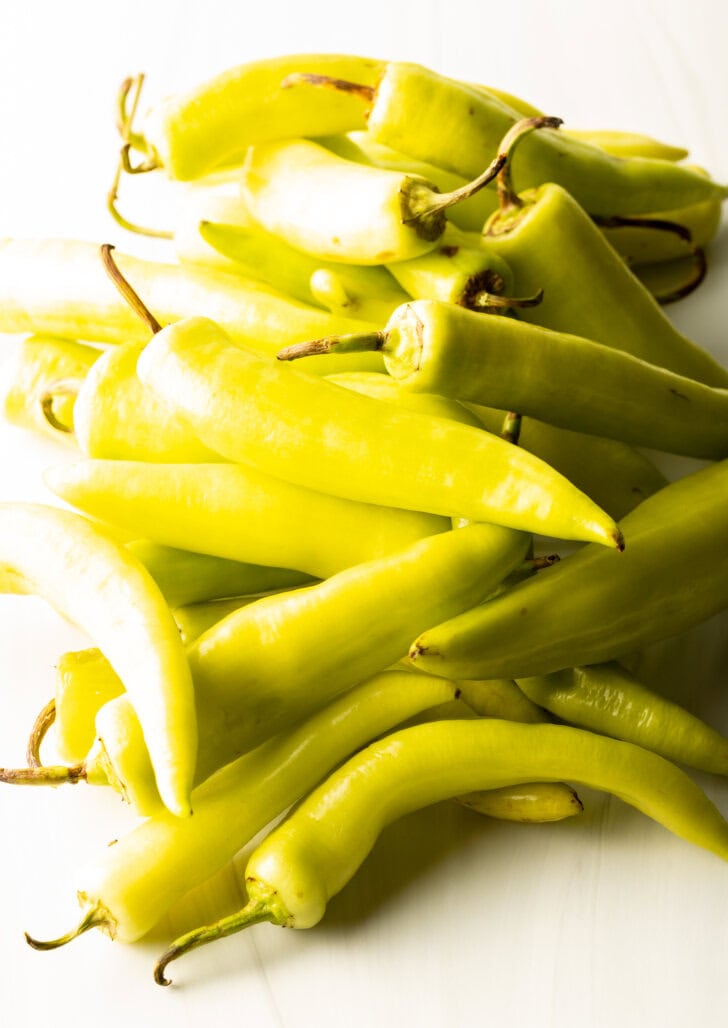 Pile of raw yellow banana peppers.