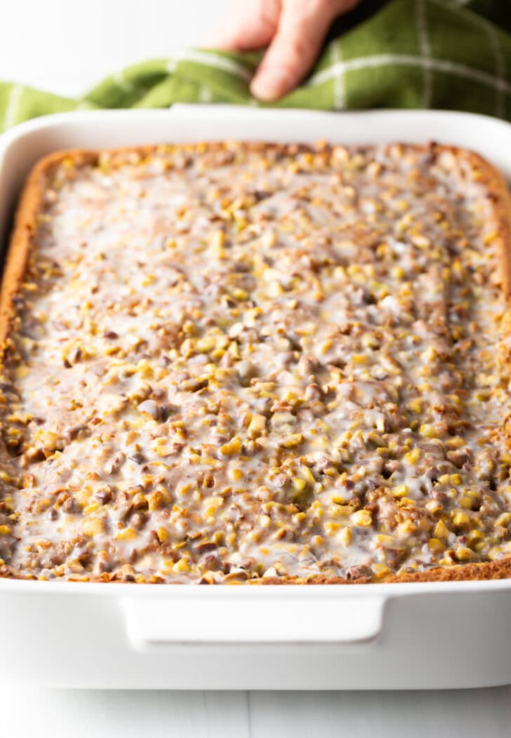 Baked pudding cake with pistachios.