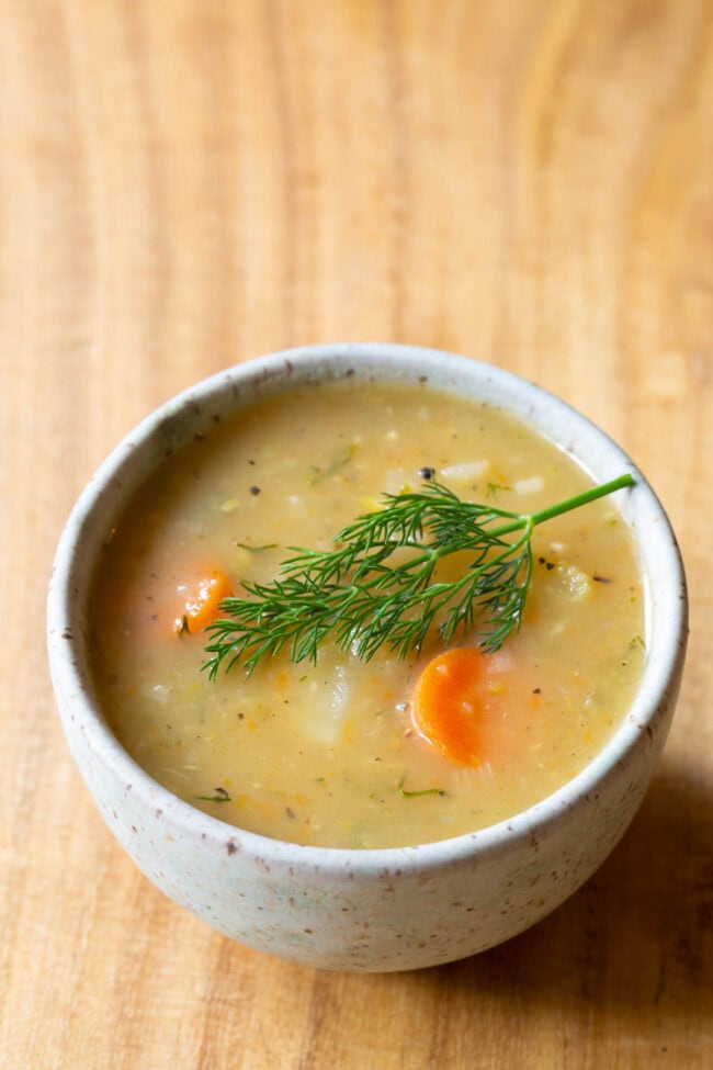 Creamy Pickle Soup (AKA Polish Potato Soup) close up in bowl