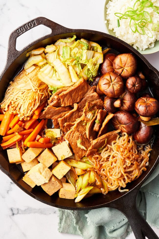 Cooked Pork Sukiyaki Recipe in skillet