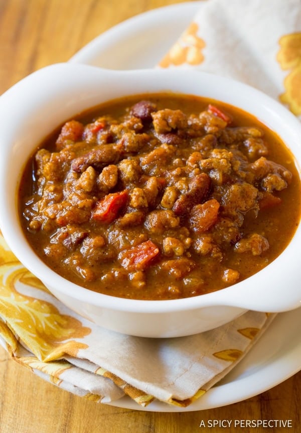 healthy gluten-free pumpkin chili in a bowl. 