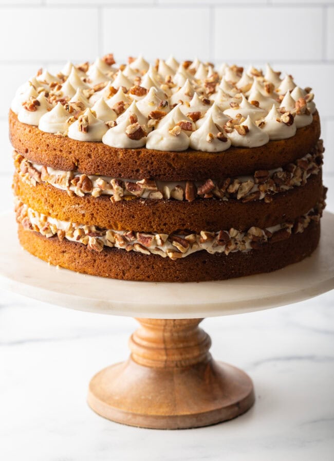 Spiced Pumpkin Cake with Spice Cake Frosting on cake stand