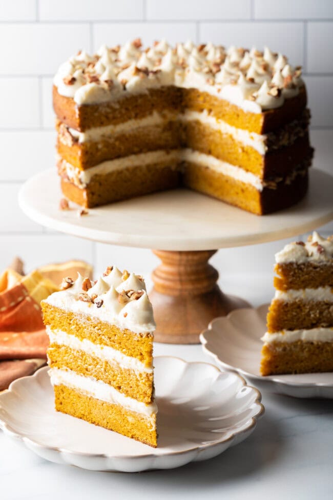 Pumpkin Cake Recipe on plates and cake stand