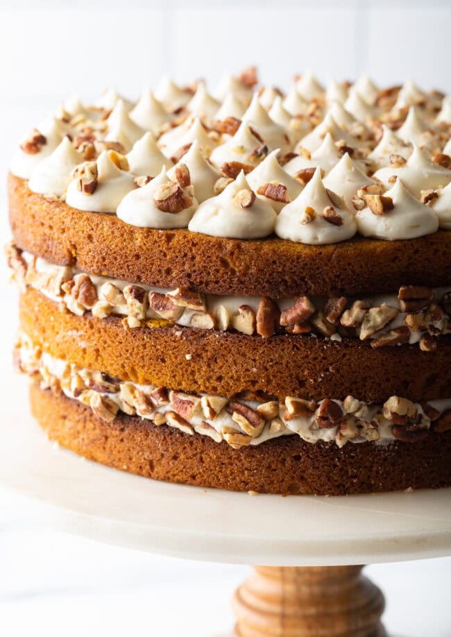 Pumpkin Spice Cake close up shot with Maple Frosting