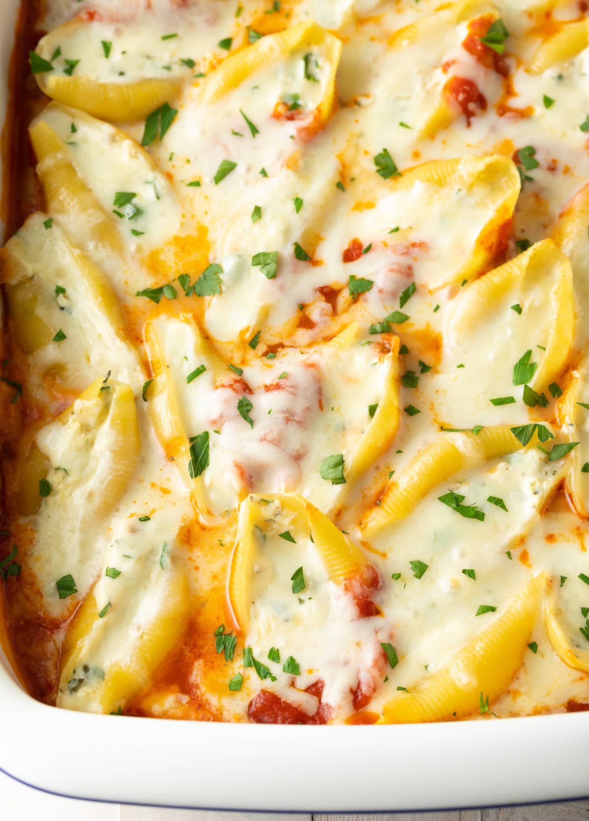 Perfect Ricotta Stuffed Shells Recipe baked in ceramic dish