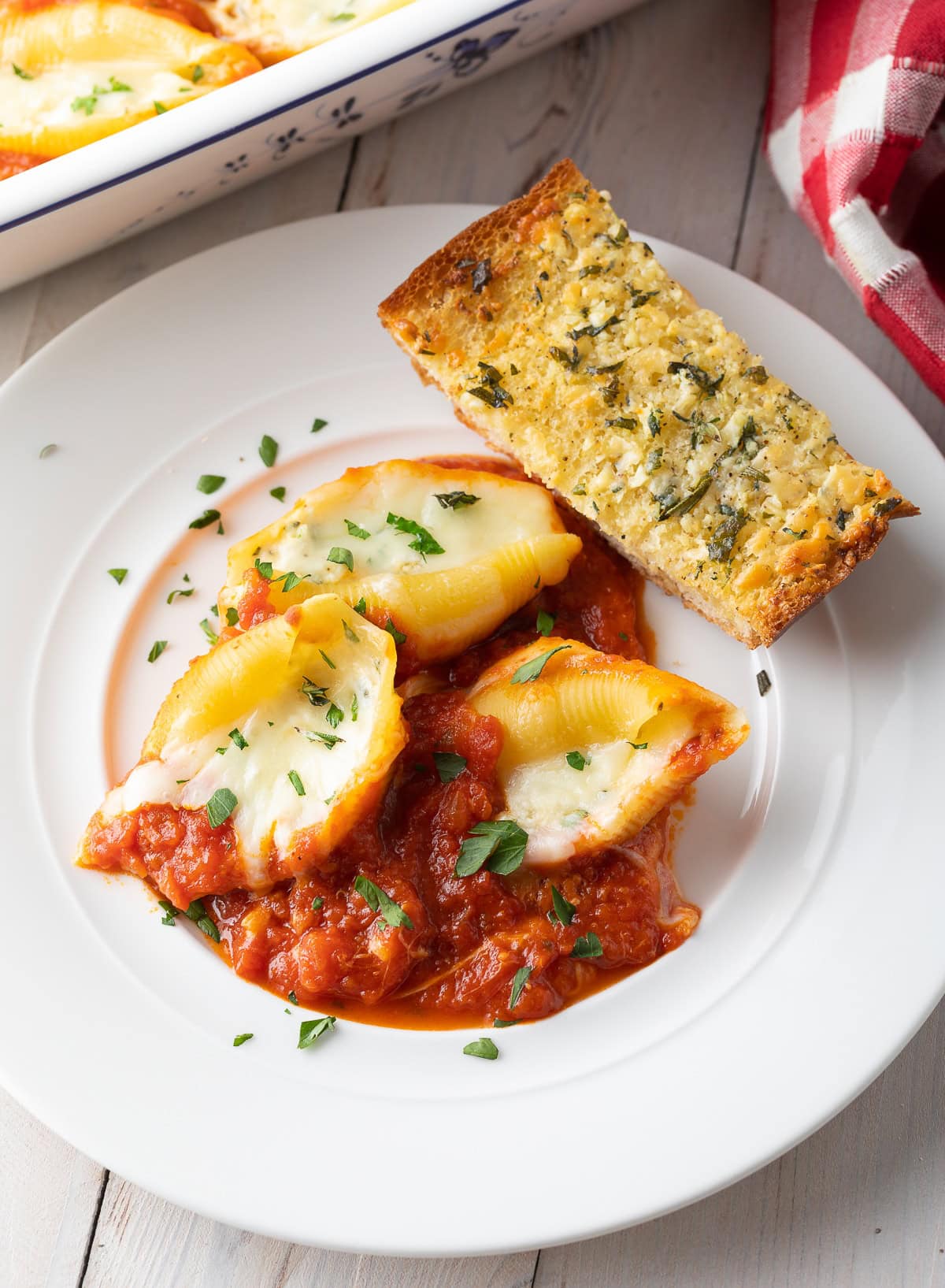 Easy Stuffed Shells Recipe overhead shot on plate