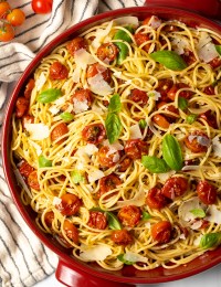 Oven roasted cherry tomatoes with balsamic vinegar is an easy recipe that's a delicious base to make rustic Italian dishes, like cherry tomato pasta sauce!