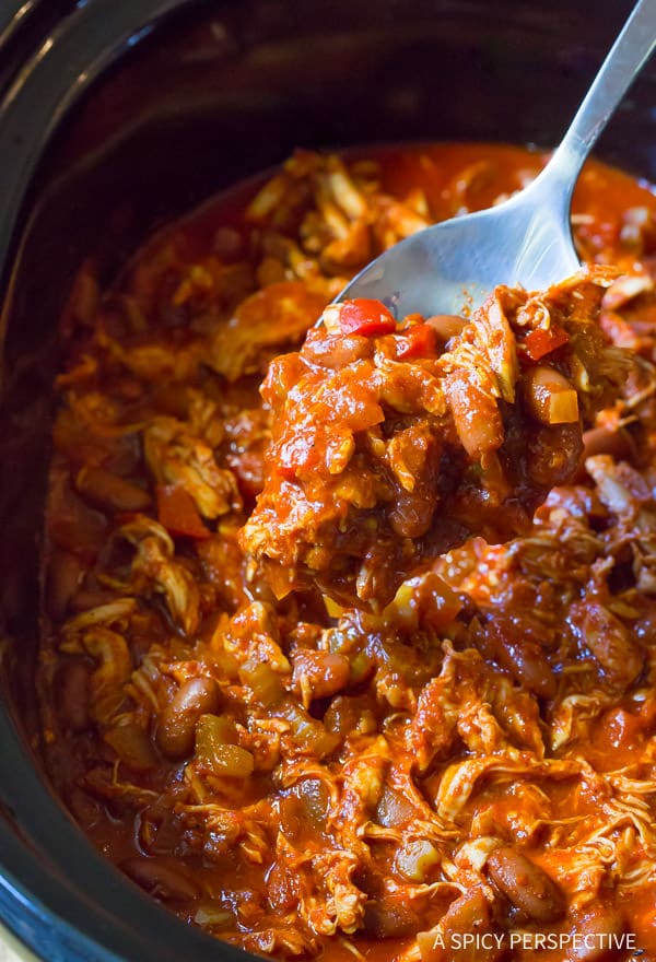 Must-Try Healthy Roasted Red Pepper Chicken Chili Recipe scooped up on spoon