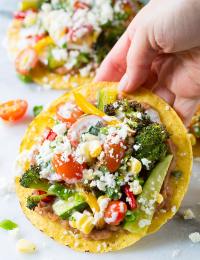 Roasted Vegetable Tostadas Recipe on ASpicyPerspective.com #mexican #vegetarian #healthy