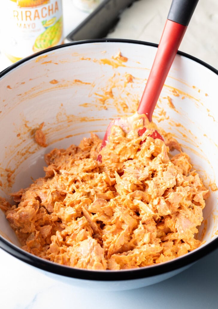 Stirring together salmon mixture in a white bowl with red spatula.