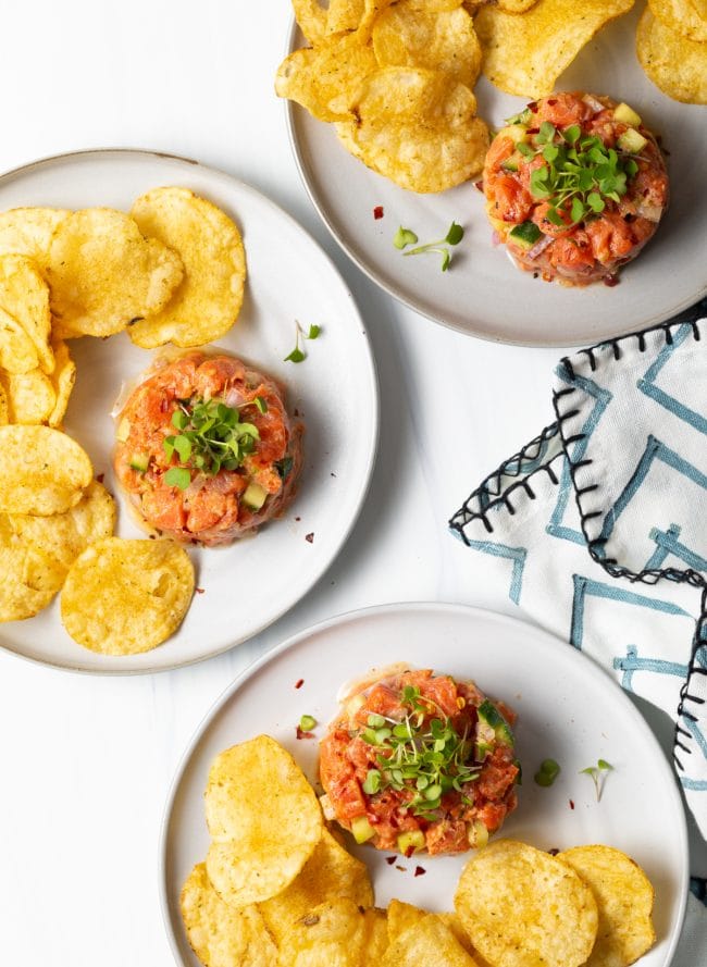 plated salmon tartare overhead view with chips