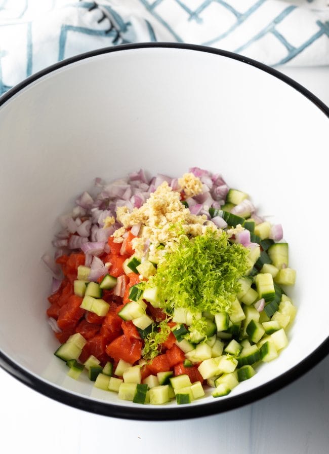 mixing bowl with chopped ingredients