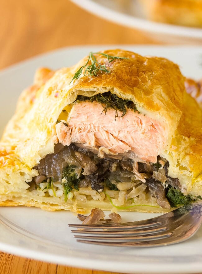 SalmonCoulibiac AKA Salmon Wellington cut open to show layers