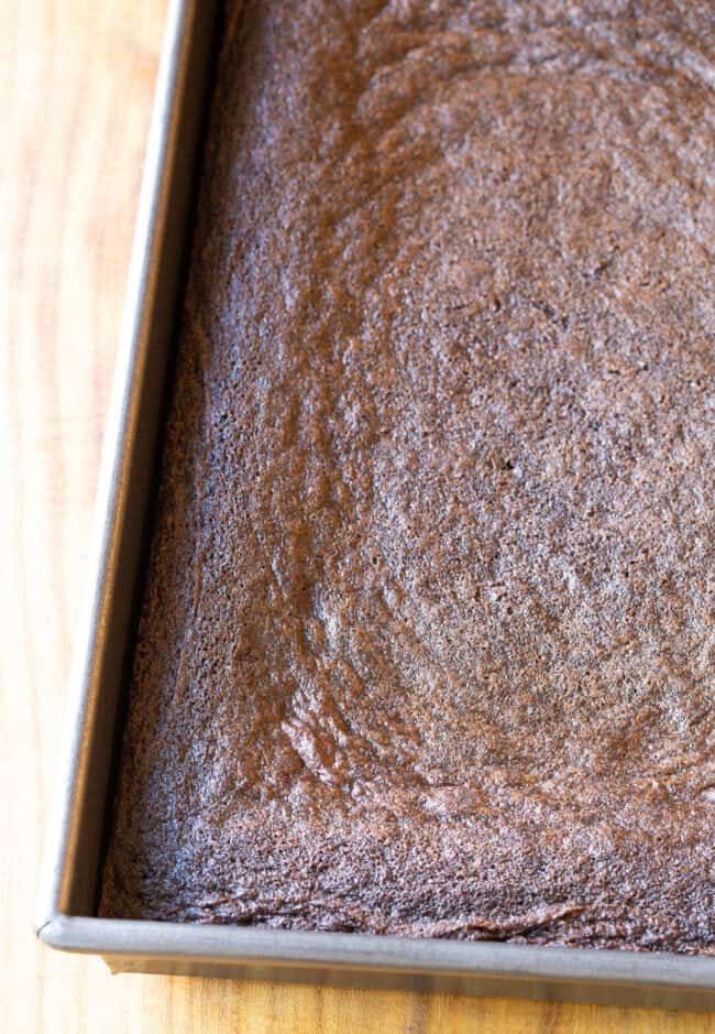 A baking sheet sits on top of a kitchen counter containing the baked plain chocolate cake layer for the Samoas Texas Sheet Cake recipe. 