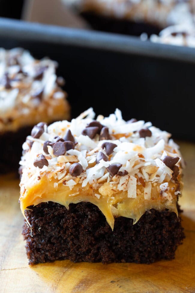 A slice of Samoa cake made up of a base layer of chocolate cake and topped with a creamy frosting with coconut shavings and mini chocolate chips. 