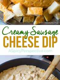 7-Ingredient Creamy Sausage Cheese Dip on ASpicyPerspective.com - An easy to make hot dip with green chiles and sharp cheddar cheese!