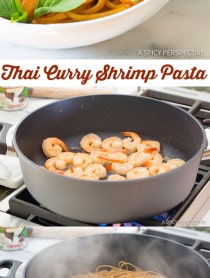 THE BEST One Pot Thai Curry Shrimp Pasta on ASpicyPerspective.com #onepotmeal