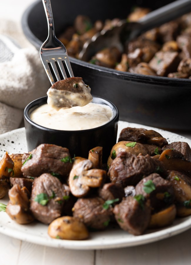 Steak Bites and Mushrooms and creamy dipping sauce
