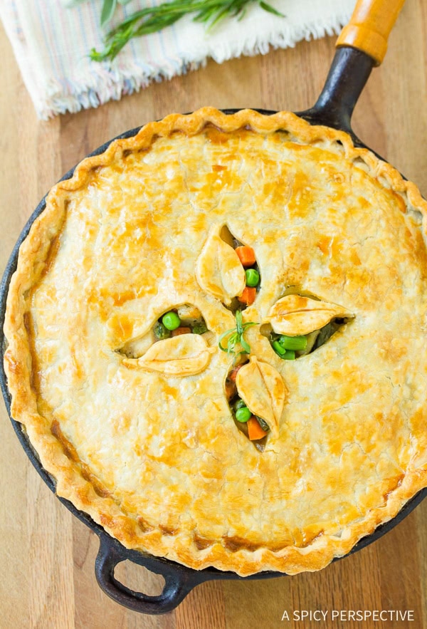 Overhead shot of a baked skillet turkey pot pie. 