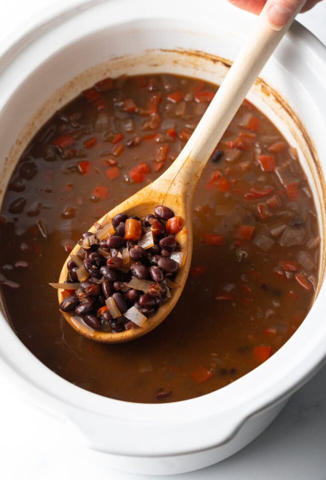 Black Bean Soup Crock Pot - cooked and beans lifted out of pot