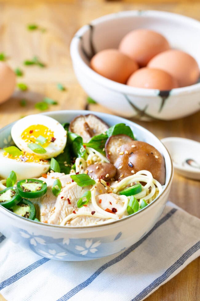 Slow Cooker Chicken Ramen Noodle Soup in a bowl 