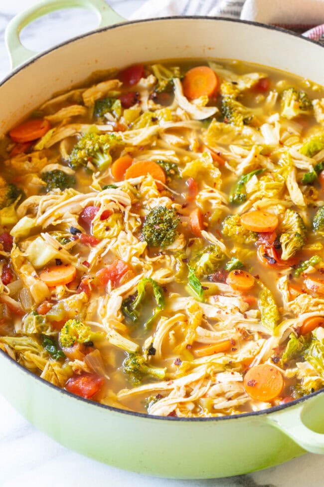 Southwest chicken detox soup in a large Dutch oven pot. 