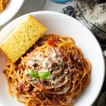 Budget friendly plate of spaghetti with meat sauce.