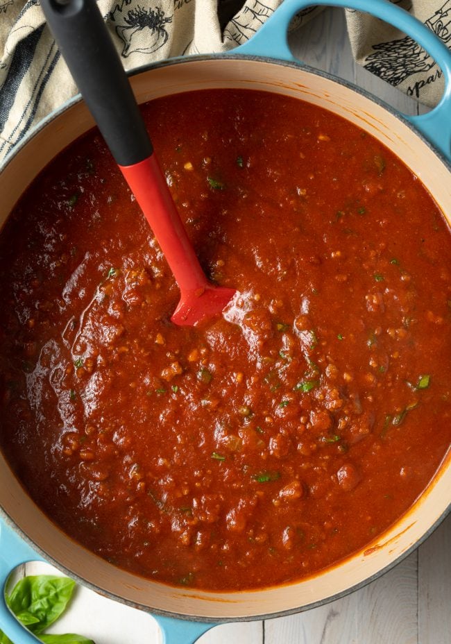 Meat sauce for spaghetti in a large pot. 