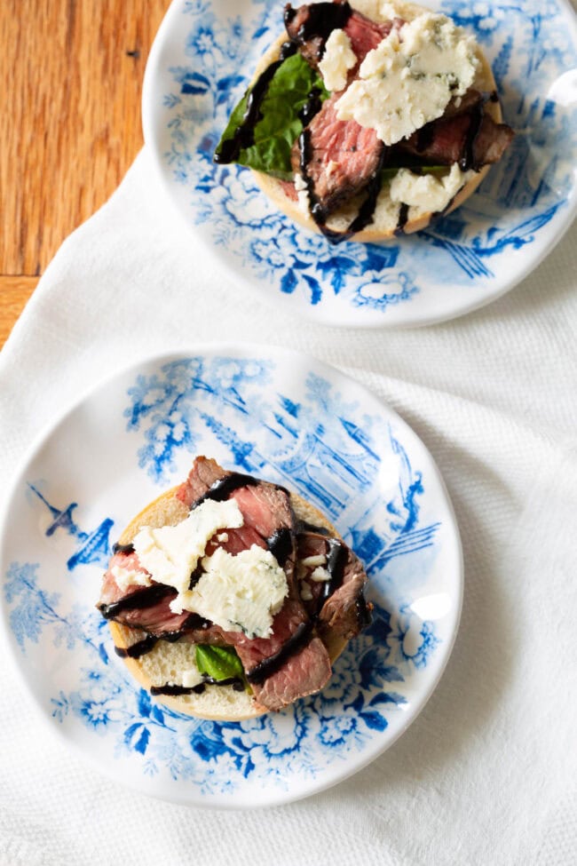 Steak Bites on mini bagels overhead shot