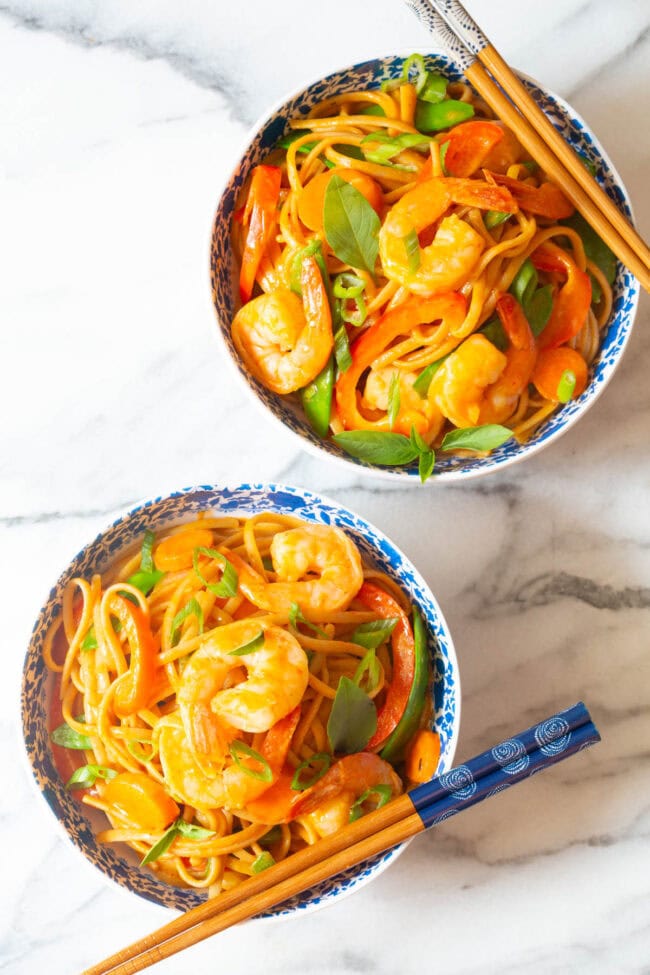 Thai Curry Shrimp Recipe with Pasta overhead shot