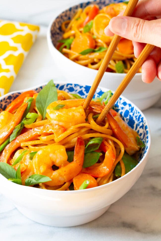 One Pot Thai Curry Shrimp Noodle Bowl Recipe with chopsticks