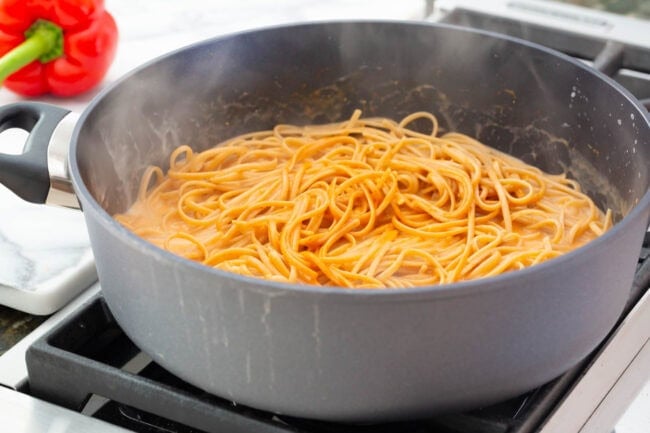 Making One Pot Thai Curry Shrimp Pasta on ASpicyPerspective.com #onepotmeal