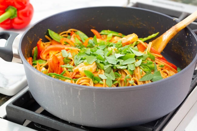 YUM - One Pot Thai Curry Shrimp Pasta on ASpicyPerspective.com #onepotmeal