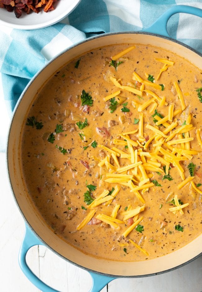 Bacon cheeseburger soup recipe overhead shot in pot.