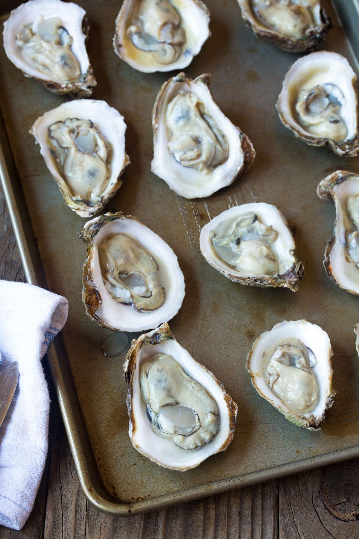 cleaned oysters on the half shell on baking tray