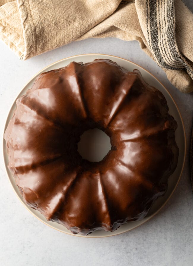 Triple chocolate Bundt cake with thick chocolate glaze.