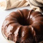 Triple chocolate Bundt cake with thick chocolate glaze.