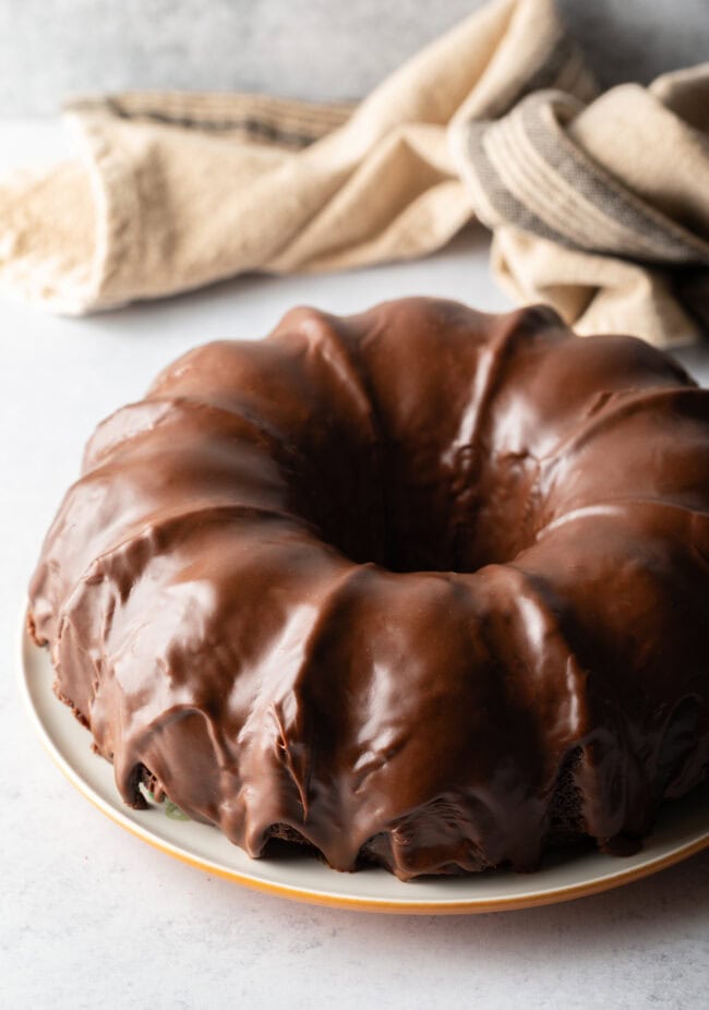 Triple chocolate Bundt cake with thick chocolate glaze.