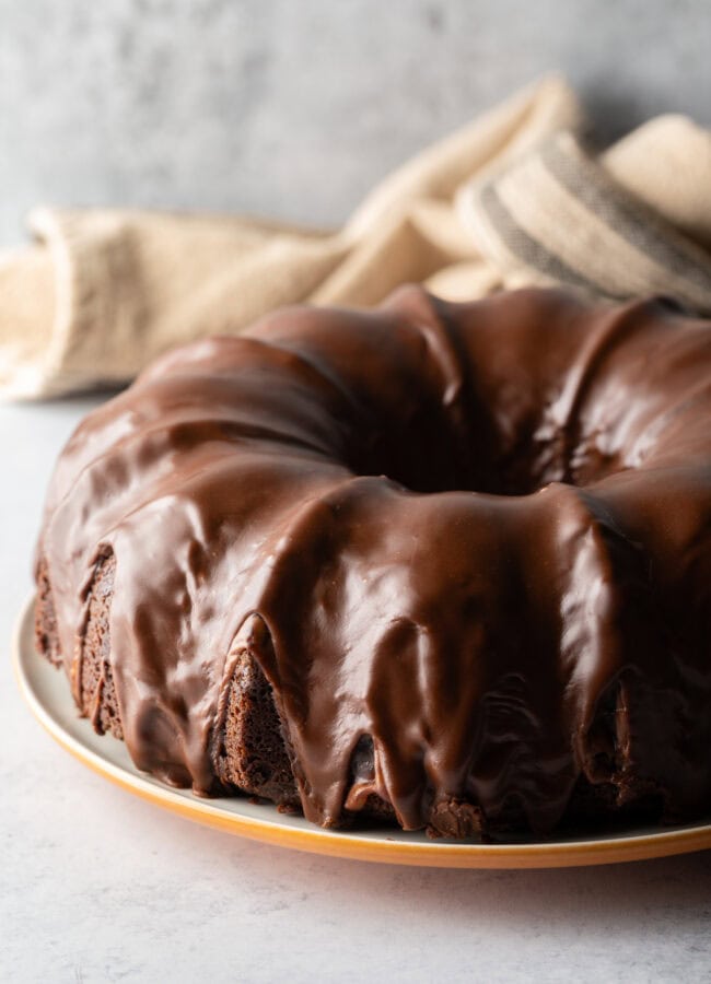 Triple chocolate Bundt cake with thick chocolate glaze.