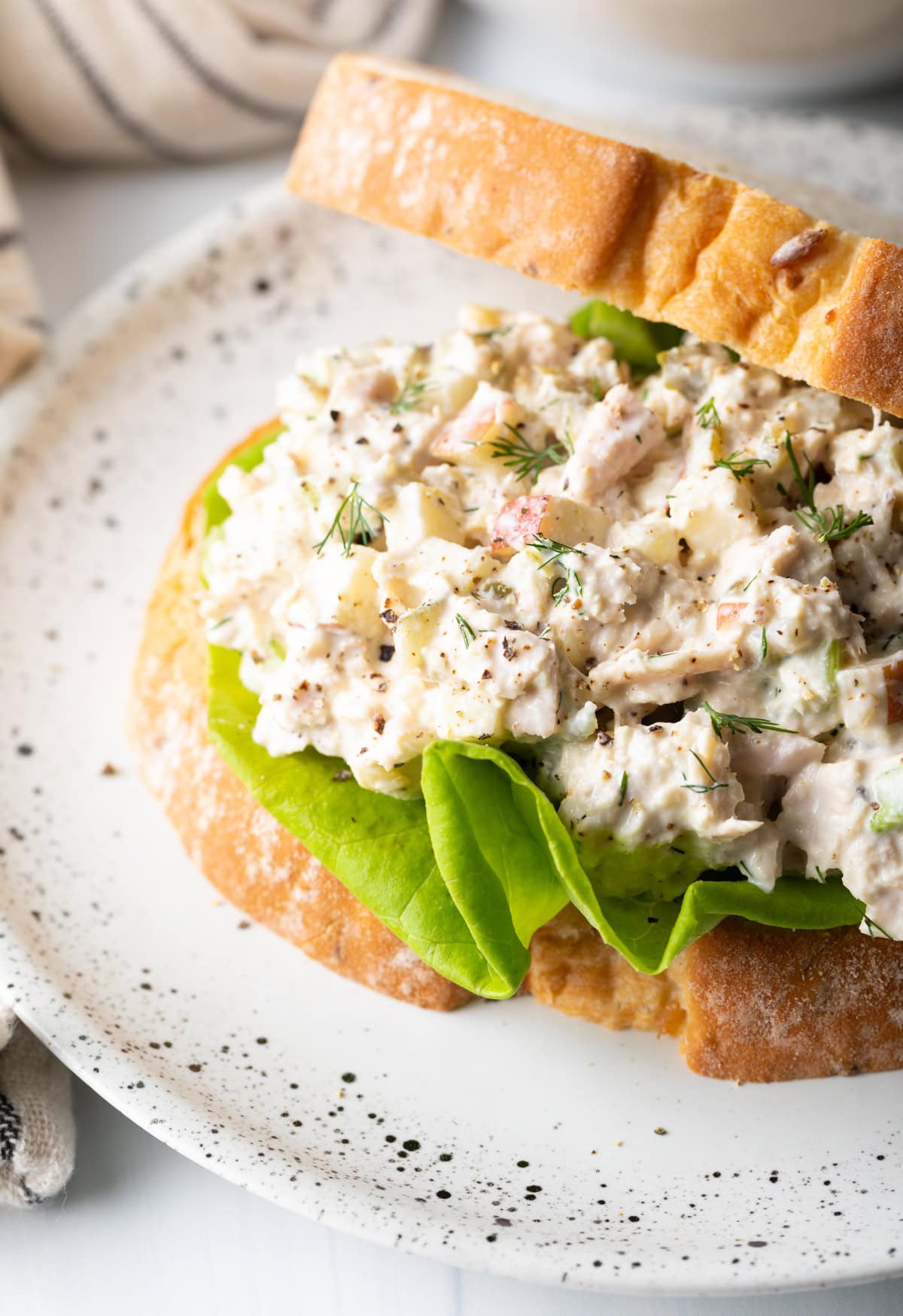 up close view of tuna sandwich with dill and apple on a white speckled plate.