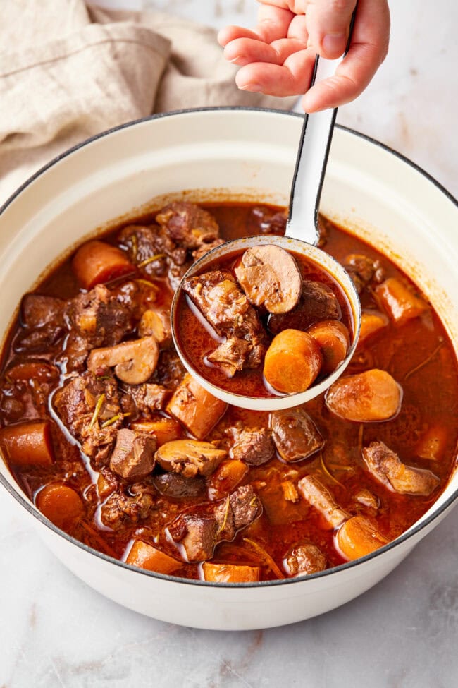 Big pot of venison bourguignon on a table with ladle. 