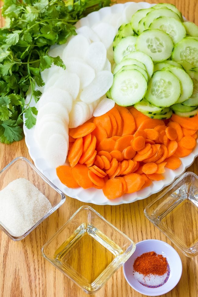 banh mi sandwich  toppings piled on a platter