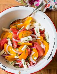 Watermelon Feta Salad with Golden Tomatoes and Tarragon on ASpicyPerspective.com #salad #chopsalad