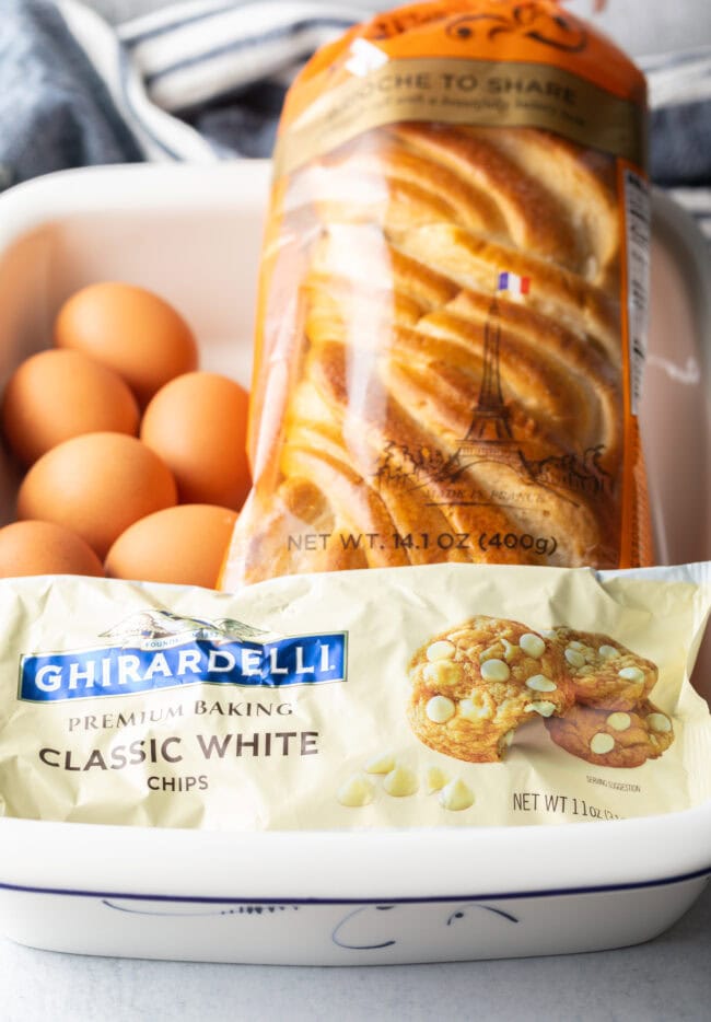 Ingredients needed: bag of white chocolate chips, loaf of brioche bread, whole eggs.