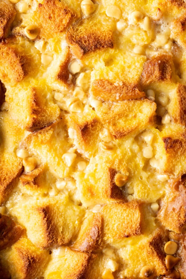 Top down view white chocolate bread pudding freshly baked.