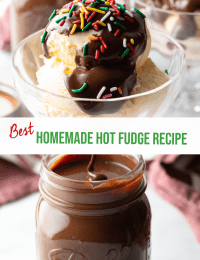 Pinterest image: Top image is bowl of ice cream topped with chocolate sauce and sprinkles. Bottom image is a glass mason jar filled with sauce. The two images are split horizontally with a white banner that reads: Homemade Hot Fudge Recipe.