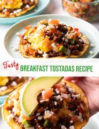 Pinterest split image: Top image is a tostada loaded with breakfast foods. Bottom image is a hand holding a tostada. The two images are split horizontally with a white banner that reads the name of the recipe in green: Breakfast Tostadas Recipe.
