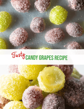 Pinterest graphic: Top image is a top down view of a blend of green and purple grapes candy coated and spread on a baking sheet. Bottom image shows a bowl of green and purple candy grapes. One of the green grapes has been bitten in half to show the inside. The two images are split horizontally by a white banner with the recipe name in green Candy Grapes Recipe.